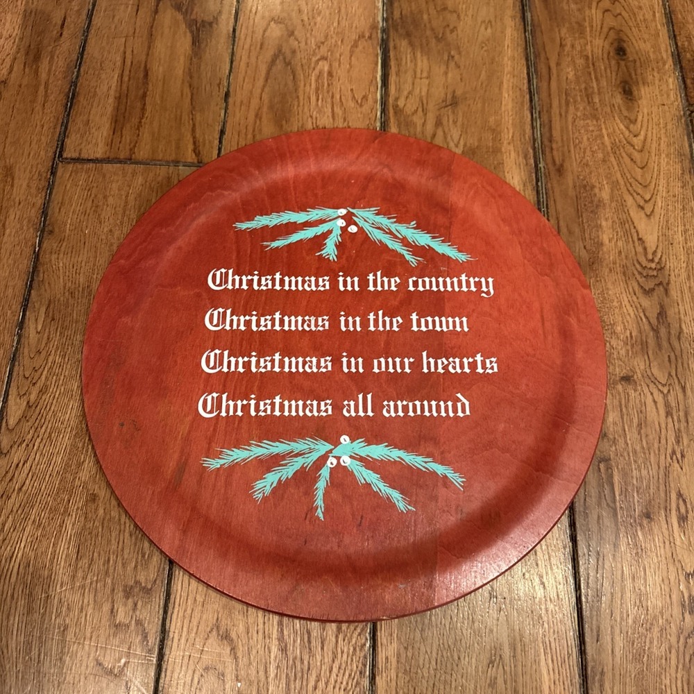 Vintage Christmas Cookie Platter Red Wooden 14" Promotional Land of Lakes 1960's